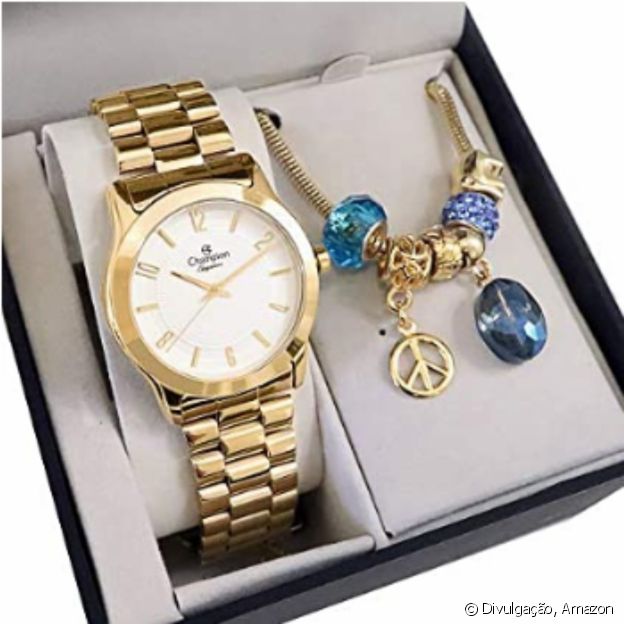 Kit Relógio Dourado com Semijoia, da Champion